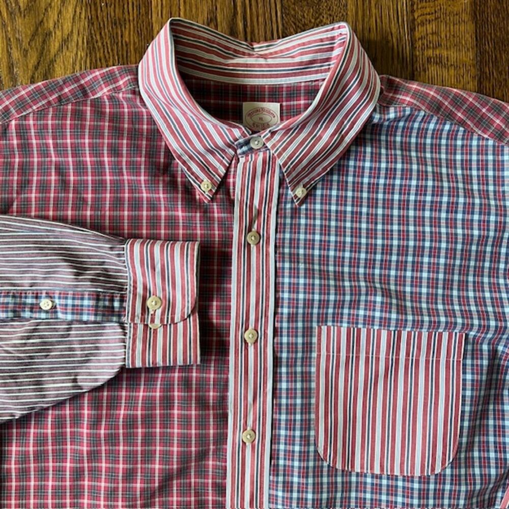 Brooks Brothers Long Sleeve Polo Shirt Mens XL Plaid Striped Red Blue Preppy